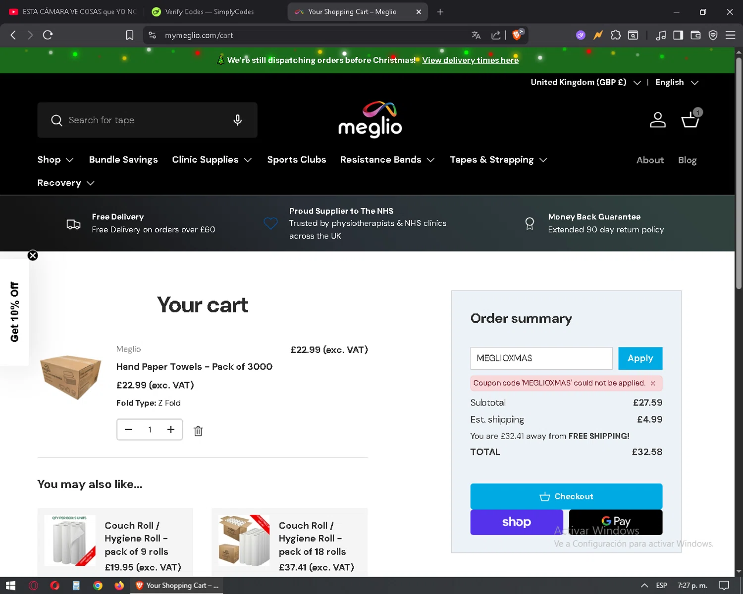 Meglio discount code screenshot showing code MEGLIOXMAS applied at Meglio checkout page. Uploaded by SimplyCodes community member mixelis on Dec 20, 2025