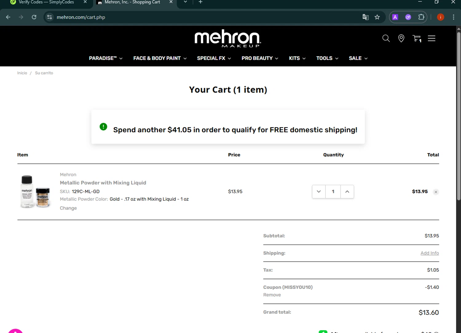 Mehron coupon code screenshot showing code MISSYOU10 applied at Mehron checkout page. Uploaded by SimplyCodes community member SmartMaestro6853 on May 10, 2025