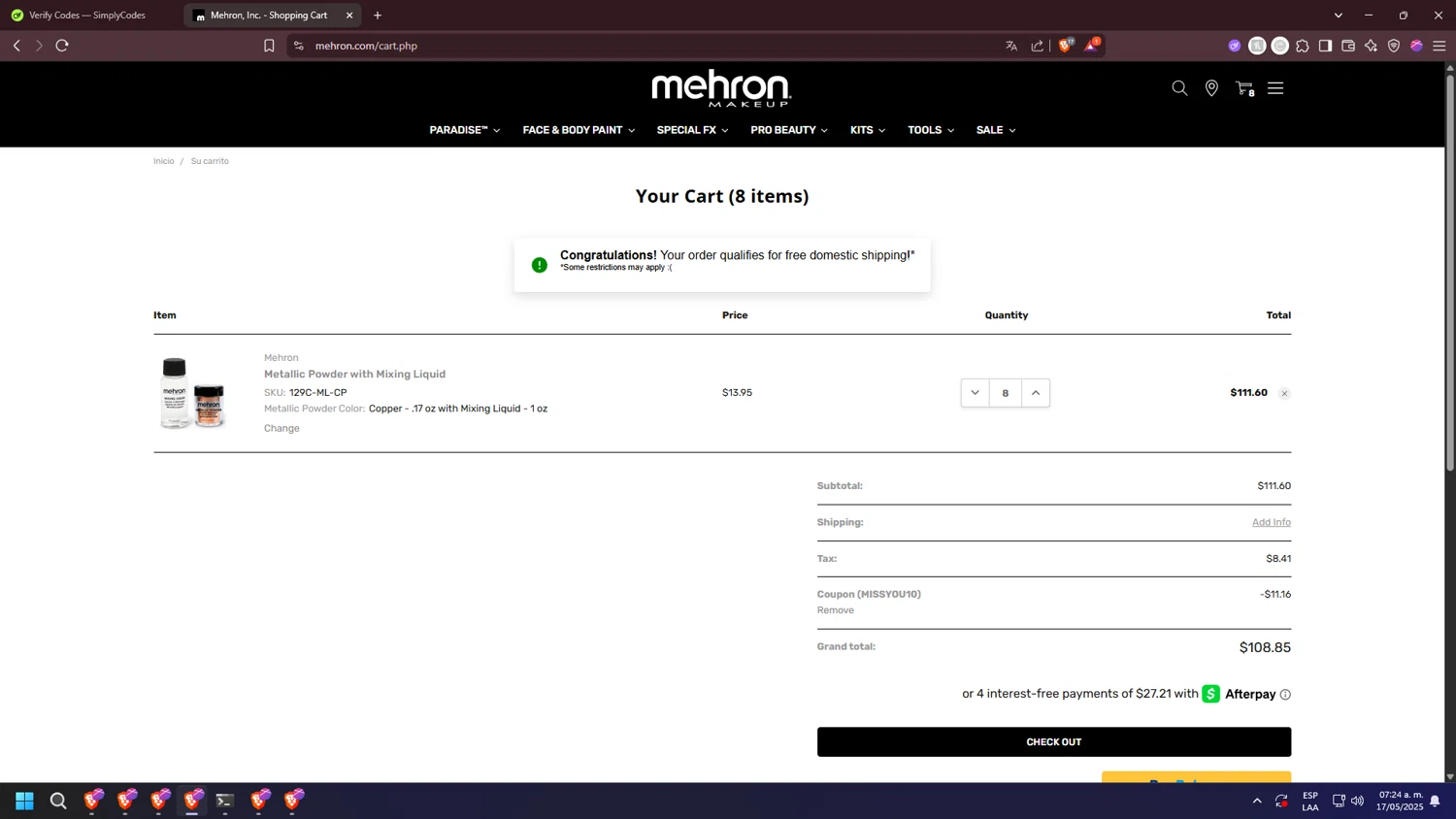 Mehron coupon code screenshot showing code MISSYOU10 applied at Mehron checkout page. Uploaded by SimplyCodes community member jakycham2020 on May 17, 2025