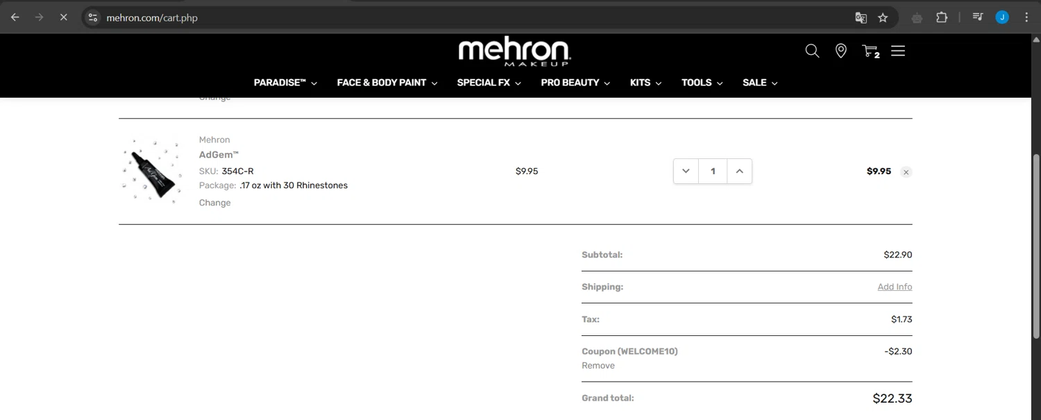Mehron coupon code screenshot showing code WELCOME10 applied at Mehron checkout page. Uploaded by SimplyCodes community member Jeanjc on May 17, 2025