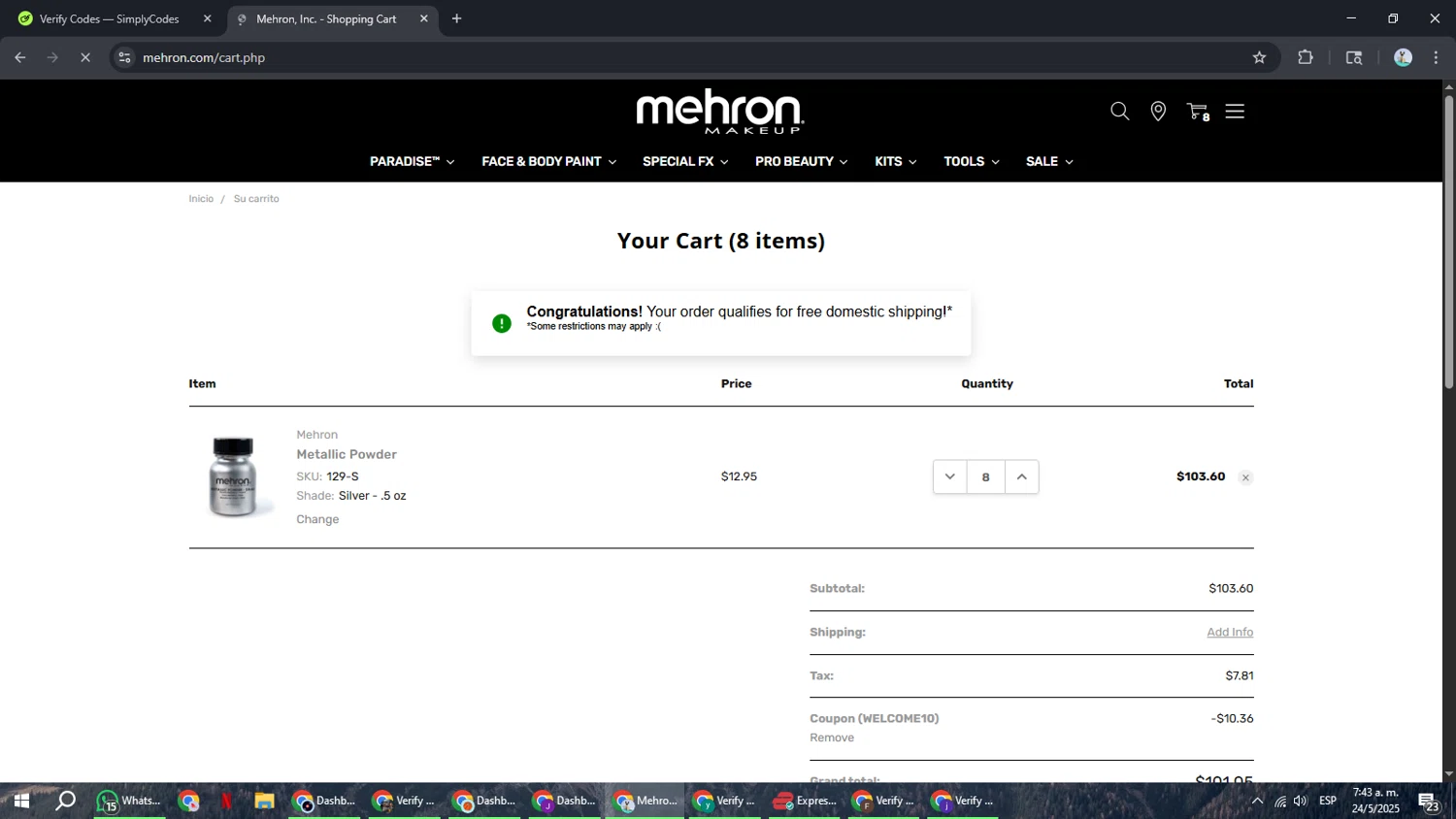 Mehron coupon code screenshot showing code WELCOME10 applied at Mehron checkout page. Uploaded by SimplyCodes community member ShrewdSeeker6165 on May 24, 2025