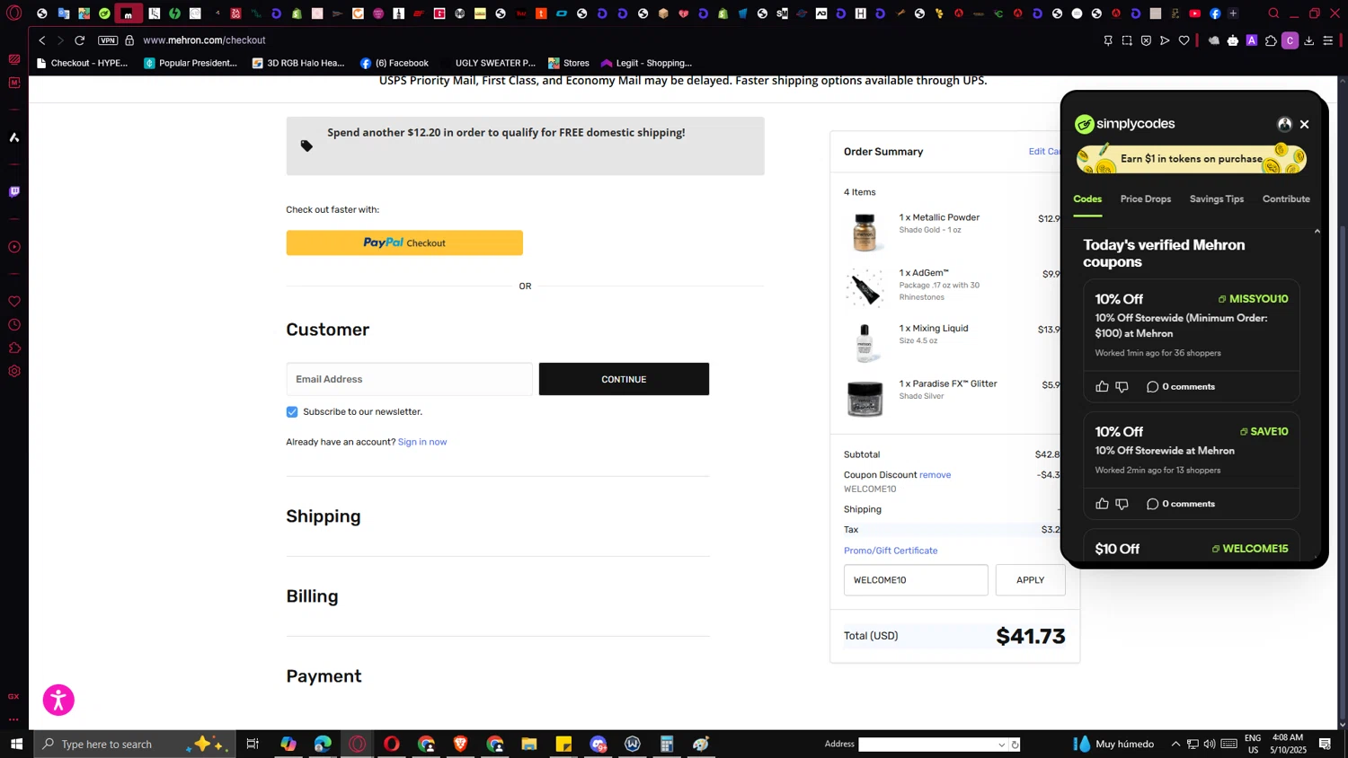 Mehron coupon code screenshot showing code WELCOME10 applied at Mehron checkout page. Uploaded by SimplyCodes community member ricardoramirez1 on May 10, 2025