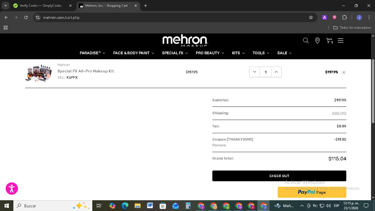 Mehron checkout page showing Mehron coupon code box | Screenshot taken by SimplyCodes community member on Jan 23, 2026
