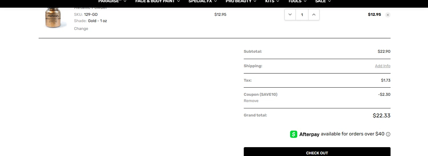 Mehron coupon code screenshot showing code SAVE10 applied at Mehron checkout page. Uploaded by SimplyCodes community member Fish3r on May 24, 2025