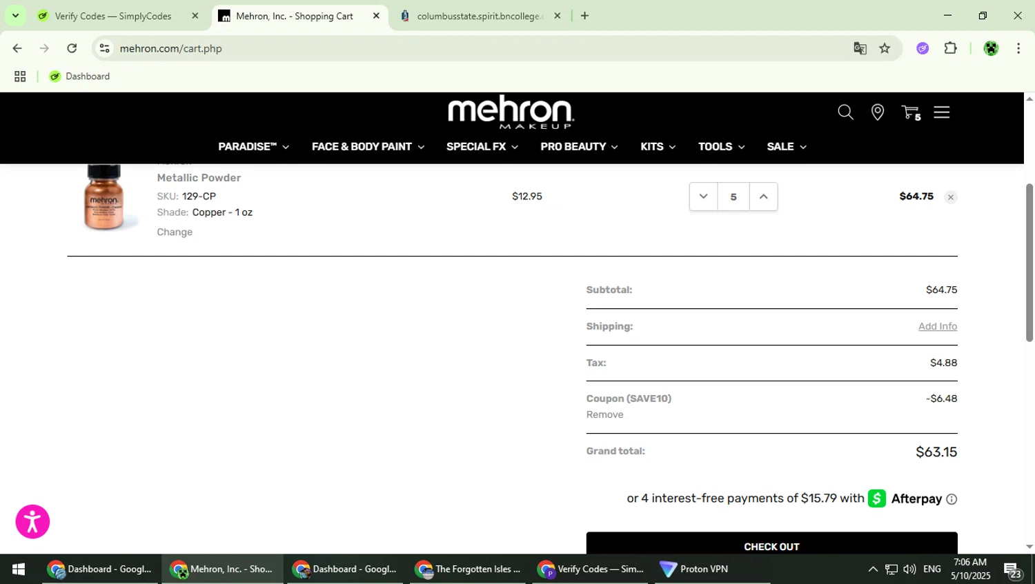 Mehron coupon code screenshot showing code SAVE10 applied at Mehron checkout page. Uploaded by SimplyCodes community member MaitoGai on May 10, 2025