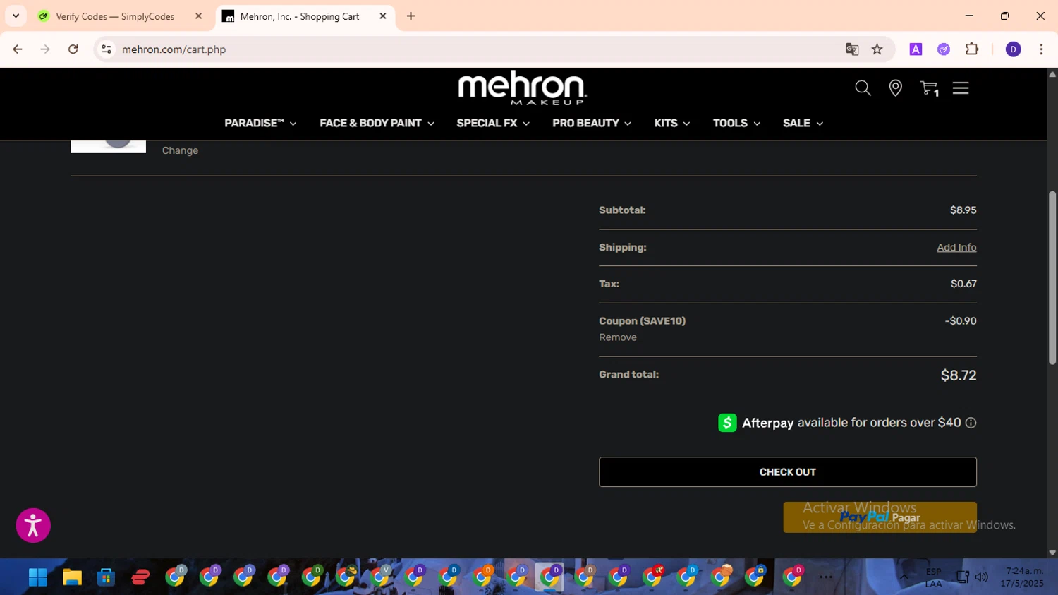 Mehron coupon code screenshot showing code SAVE10 applied at Mehron checkout page. Uploaded by SimplyCodes community member PromoLion4240 on May 17, 2025
