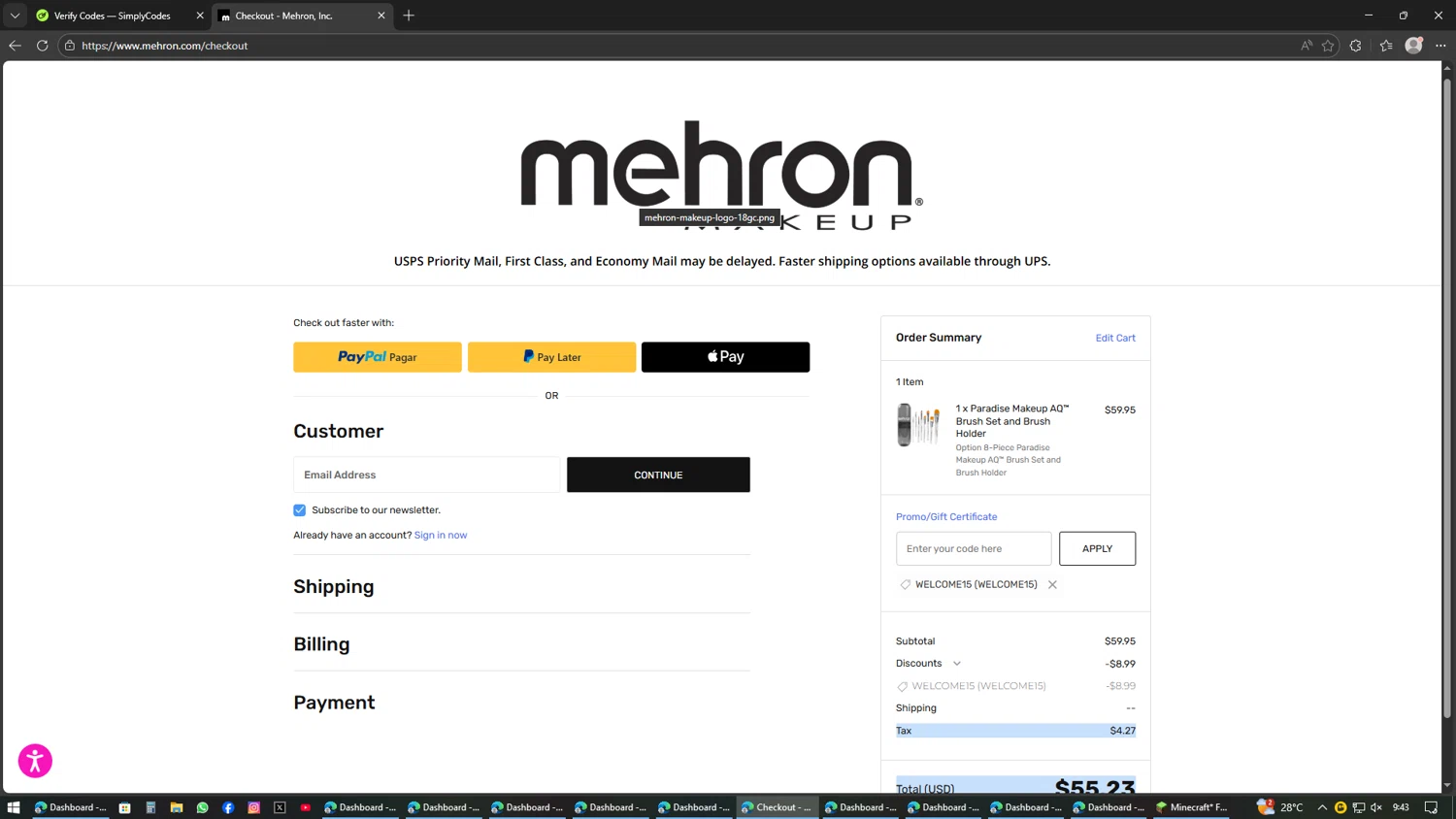 Mehron coupon code screenshot showing code WELCOME15 applied at Mehron checkout page. Uploaded by SimplyCodes community member AVAMUSTANG on Feb 16, 2026
