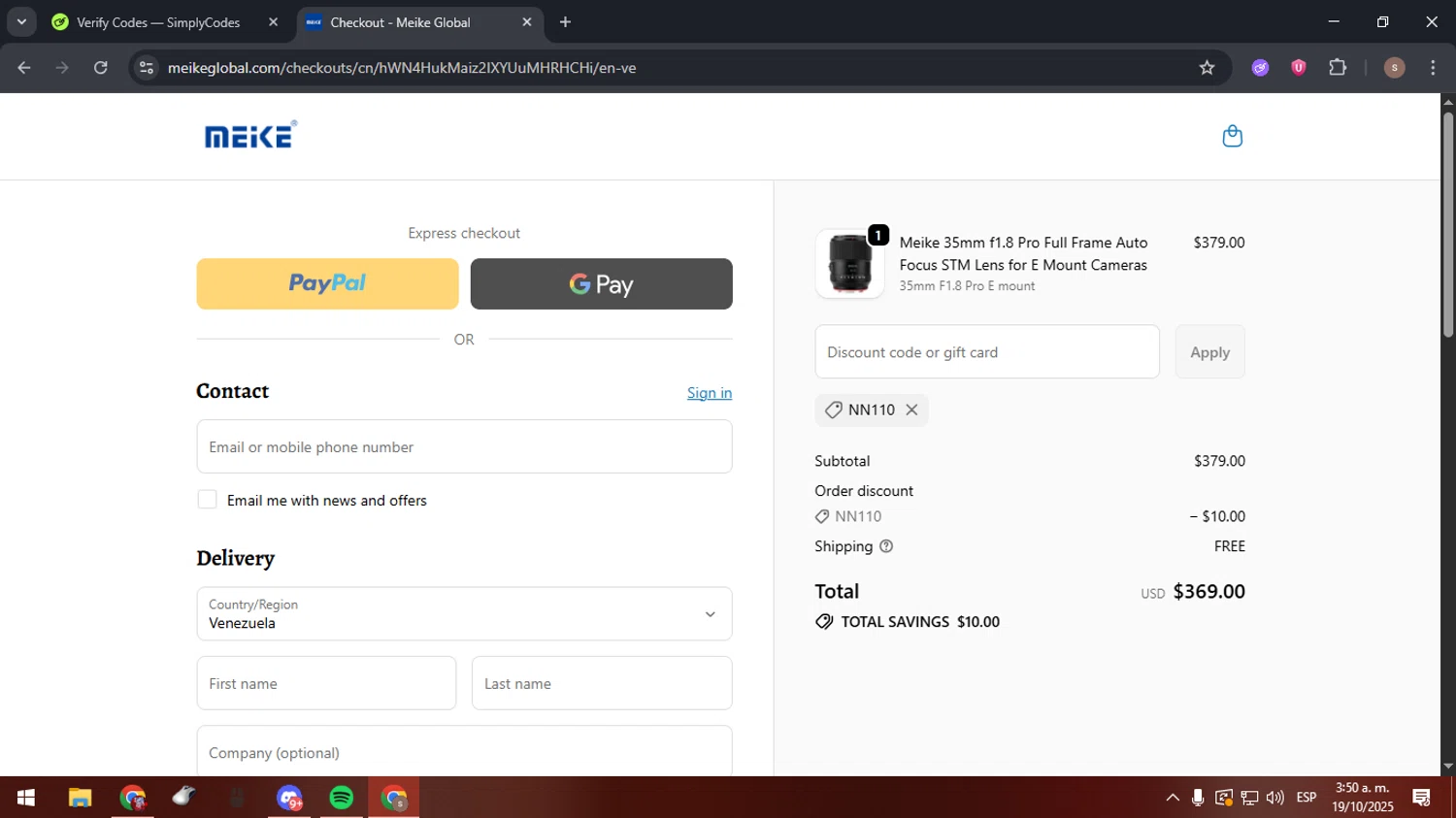 Meike Global discount code screenshot showing code NN110 applied at Meike Global checkout page. Uploaded by SimplyCodes community member 61664350 on Oct 19, 2025