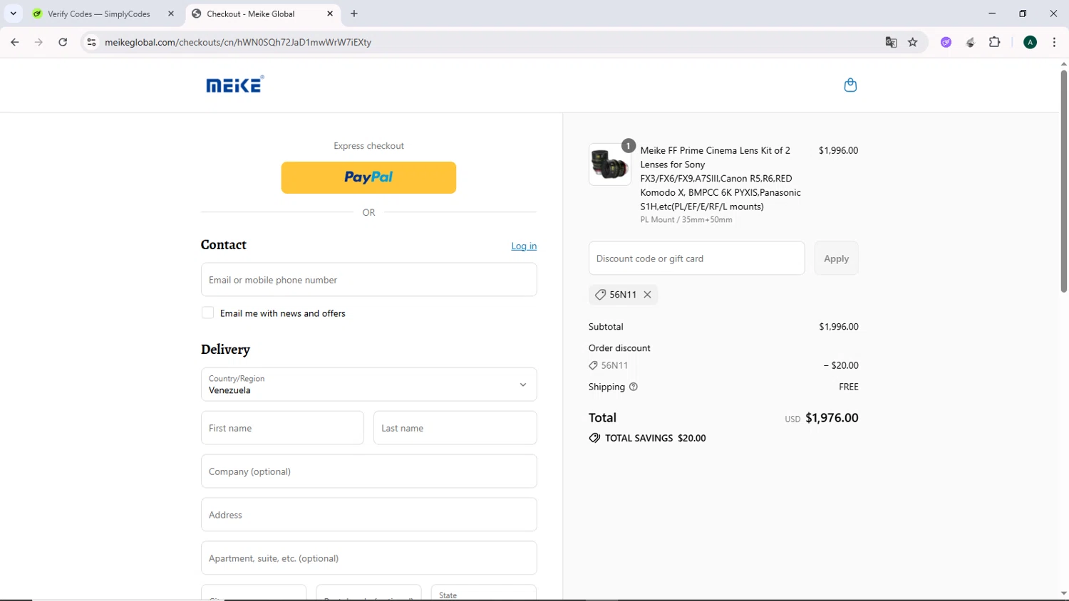 Meike Global discount code screenshot showing code 56N11 applied at Meike Global checkout page. Uploaded by SimplyCodes community member DiscountCurator2907 on Jul 10, 2025