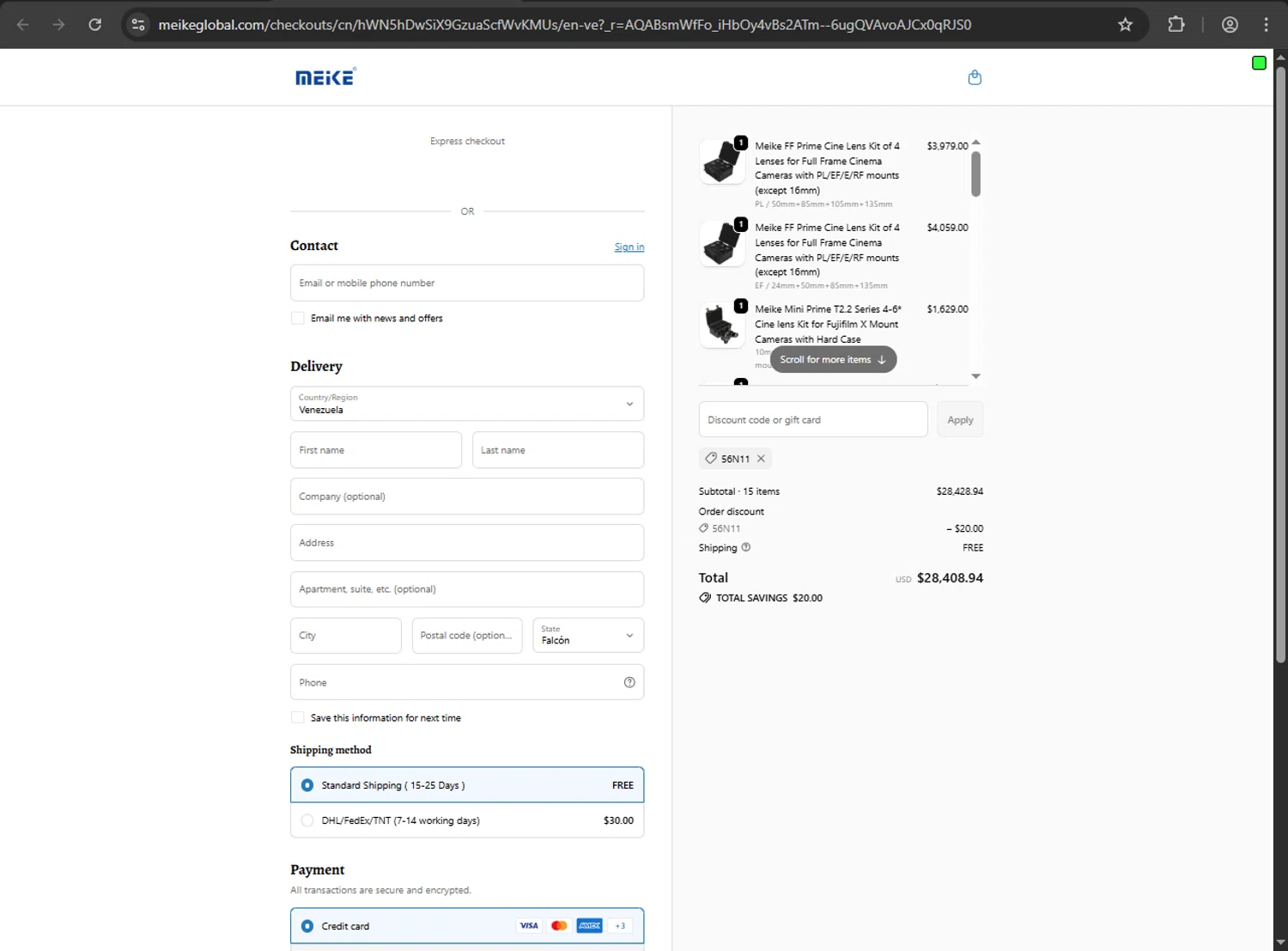 Meike Global discount code screenshot showing code 56N11 applied at Meike Global checkout page. Uploaded by SimplyCodes community member RINITOSHI on Nov 25, 2025