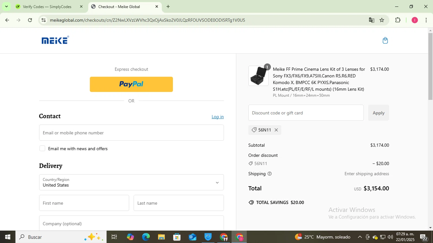 Meike Global discount code screenshot showing code 56N11 applied at Meike Global checkout page. Uploaded by SimplyCodes community member MightyGuardian8404 on Jan 22, 2025