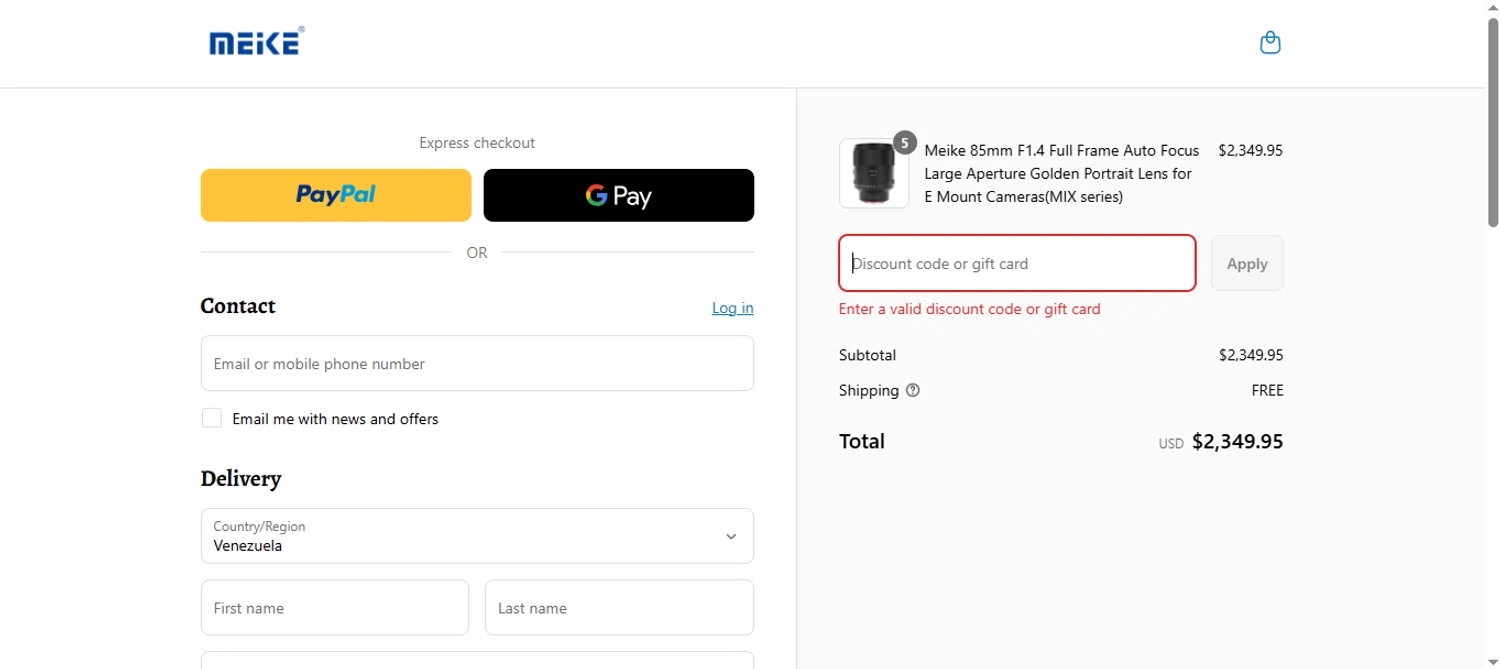 Meike Global discount code screenshot showing code MF7V applied at Meike Global checkout page. Uploaded by SimplyCodes community member Biancapoli on Aug 13, 2025