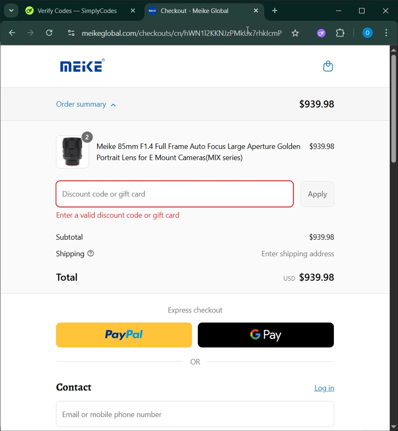 Meike Global discount code screenshot showing code MF7V applied at Meike Global checkout page. Uploaded by SimplyCodes community member RoyalSage9159 on Aug 13, 2025