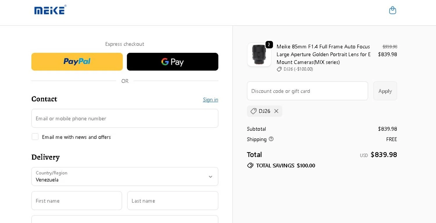 Meike Global promo code screenshot showing code DJ26 applied at Meike Global checkout page. Uploaded by SimplyCodes community member LAMINEJAMAL on Jan 31, 2026