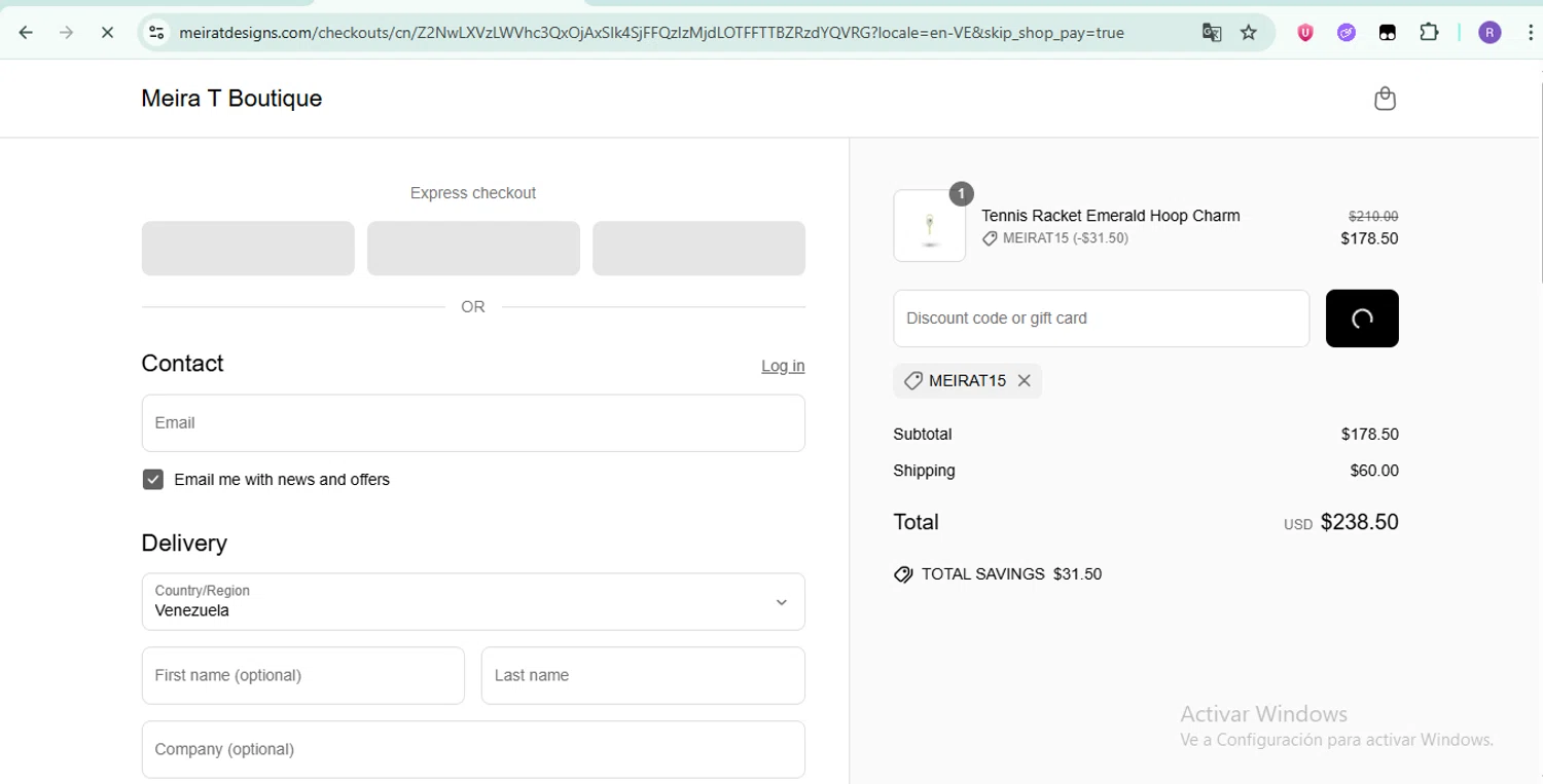 Meira T Designs promo code screenshot showing code MEIRAT15 applied at Meira T Designs checkout page. Uploaded by SimplyCodes community member ShrewdTiger1887 on Jun 21, 2025