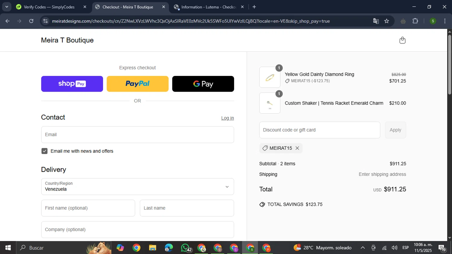 Meira T Designs promo code screenshot showing code MEIRAT15 applied at Meira T Designs checkout page. Uploaded by SimplyCodes community member RewardMaverick445 on May 11, 2025