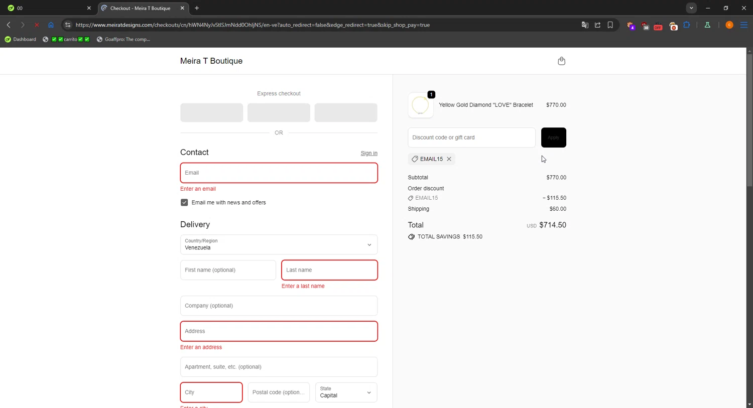 Meira T Designs promo code screenshot showing code EMAIL15 applied at Meira T Designs checkout page. Uploaded by SimplyCodes community member LOgoter on Oct 21, 2025
