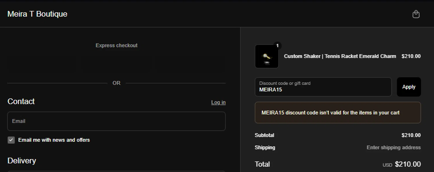 Meira T Designs promo code screenshot showing code MEIRA15 applied at Meira T Designs checkout page. Uploaded by SimplyCodes community member SpiderGwen on May 23, 2025