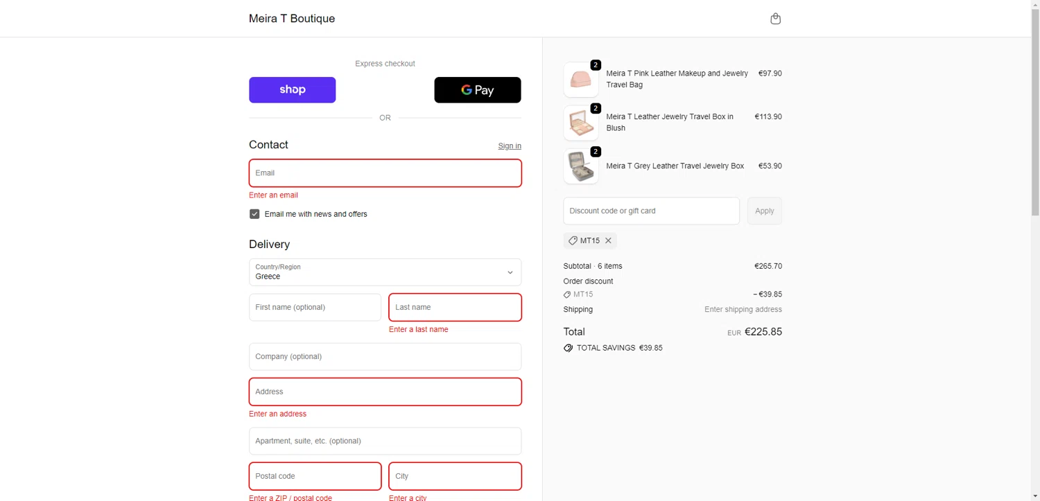 Meira T Designs promo code screenshot showing code MT15 applied at Meira T Designs checkout page. Uploaded by SimplyCodes community member CodeGuardian5312 on Oct 8, 2025