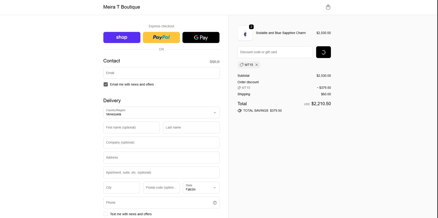 Meira T Designs promo code screenshot showing code MT15 applied at Meira T Designs checkout page. Uploaded by SimplyCodes community member MagnificentTitan8616 on Nov 18, 2025