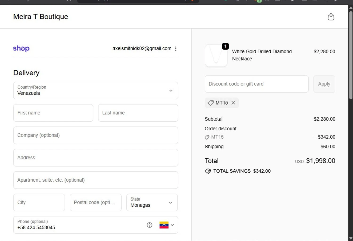 Meira T Designs promo code screenshot showing code MT15 applied at Meira T Designs checkout page. Uploaded by SimplyCodes community member Axlqbi on Oct 8, 2025