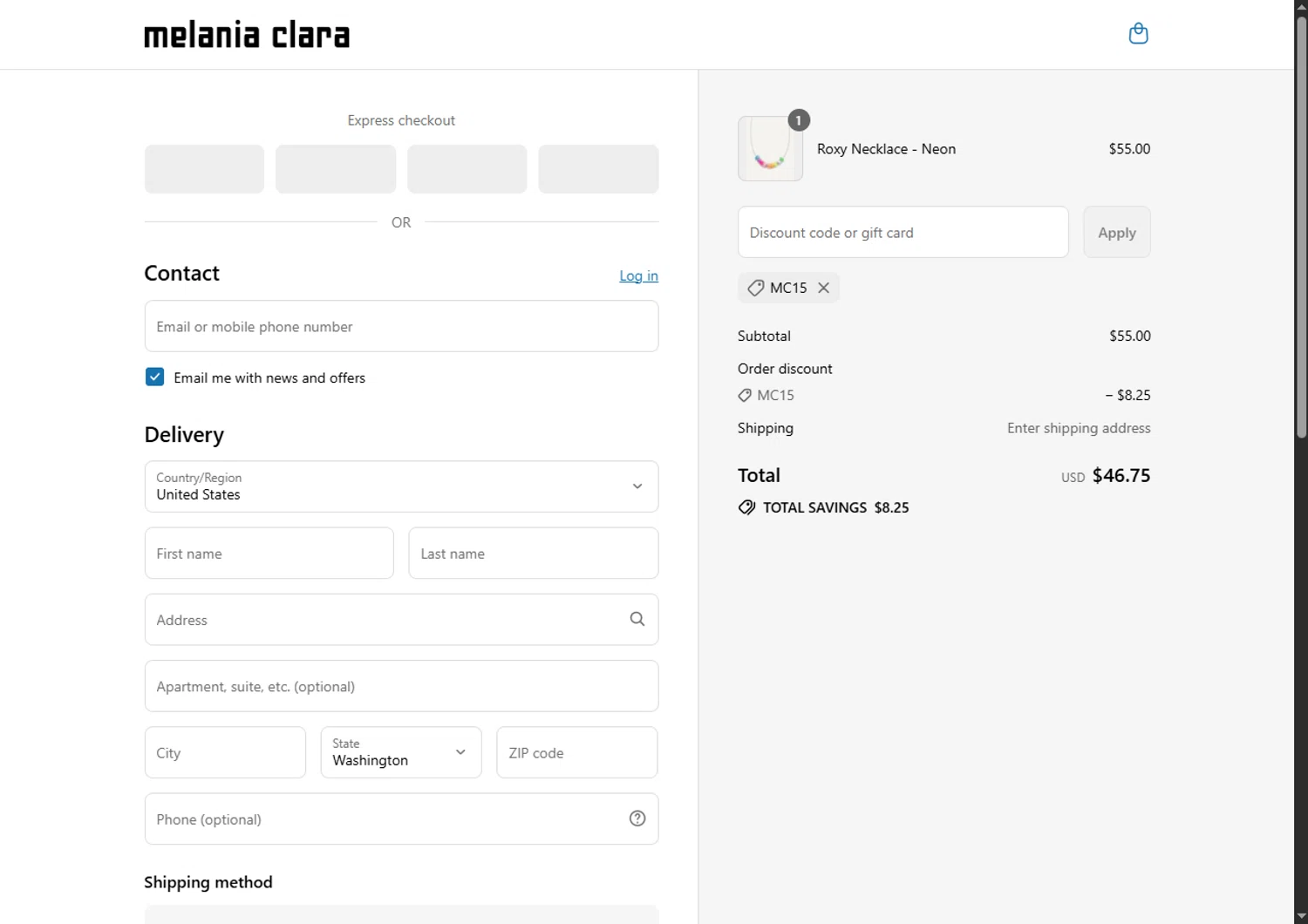 Melania Clara discount code screenshot showing code MC15 applied at Melania Clara checkout page. Uploaded by SimplyCodes community member SwiftTracker8156 on Aug 13, 2025
