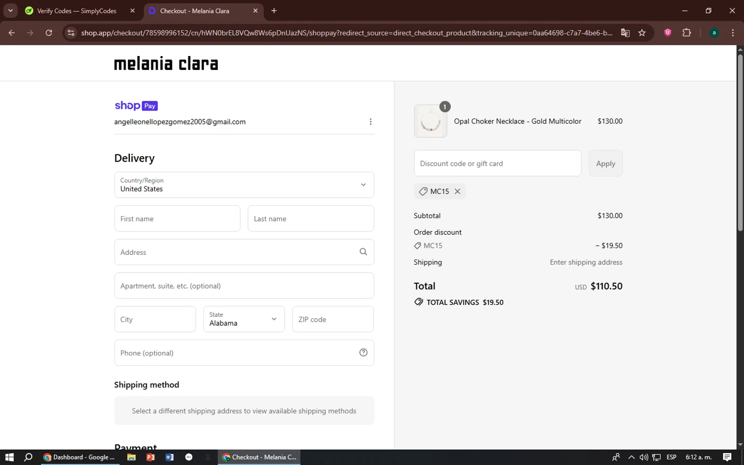 Melania Clara discount code screenshot showing code MC15 applied at Melania Clara checkout page. Uploaded by SimplyCodes community member zizu55 on Jul 14, 2025