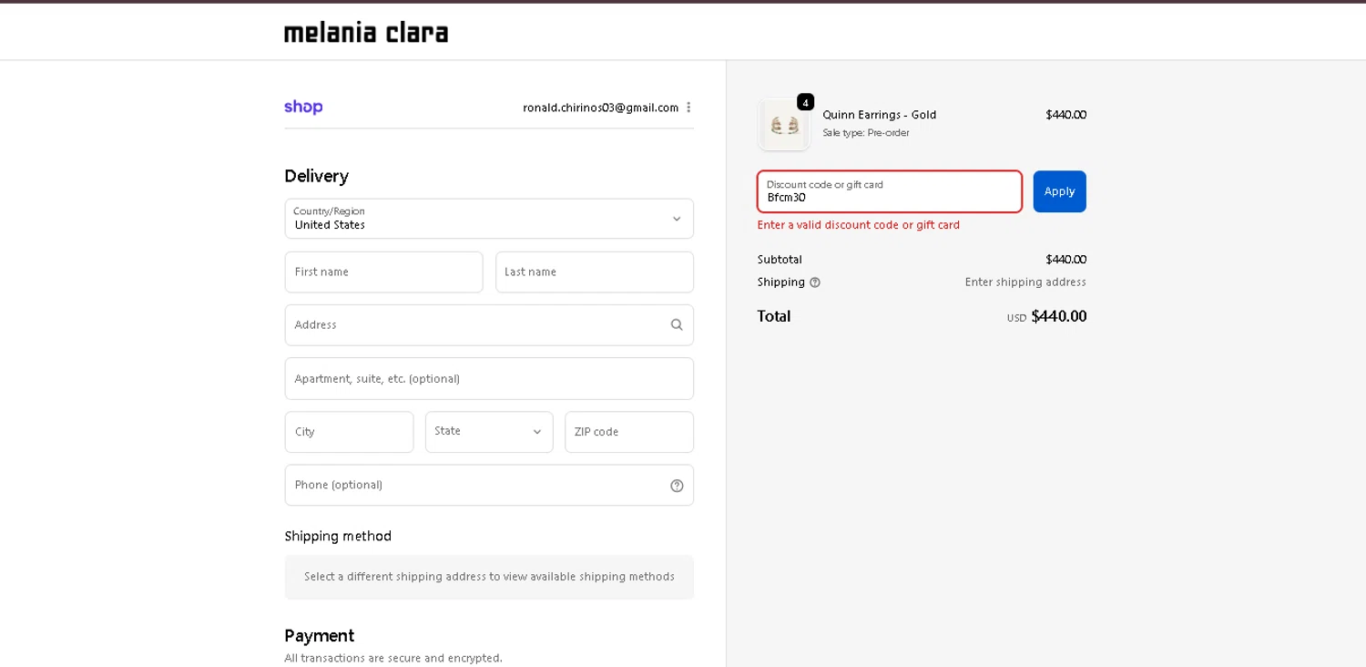 Melania Clara discount code screenshot showing code Bfcm30 applied at Melania Clara checkout page. Uploaded by SimplyCodes community member CodeExpert7814 on Dec 5, 2025