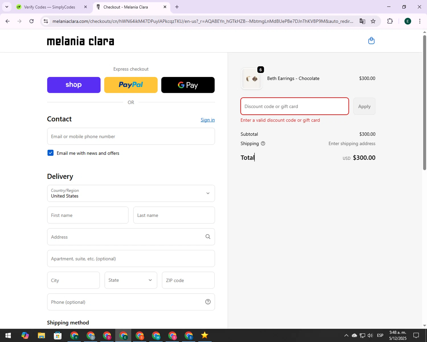 Melania Clara discount code screenshot showing code BFCM applied at Melania Clara checkout page. Uploaded by SimplyCodes community member 00000006 on Dec 5, 2025