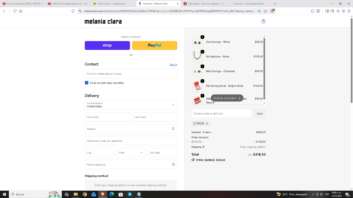 Melania Clara discount code screenshot showing code BFCM applied at Melania Clara checkout page. Uploaded by SimplyCodes community member Carloscoder_900457733 on Dec 3, 2025