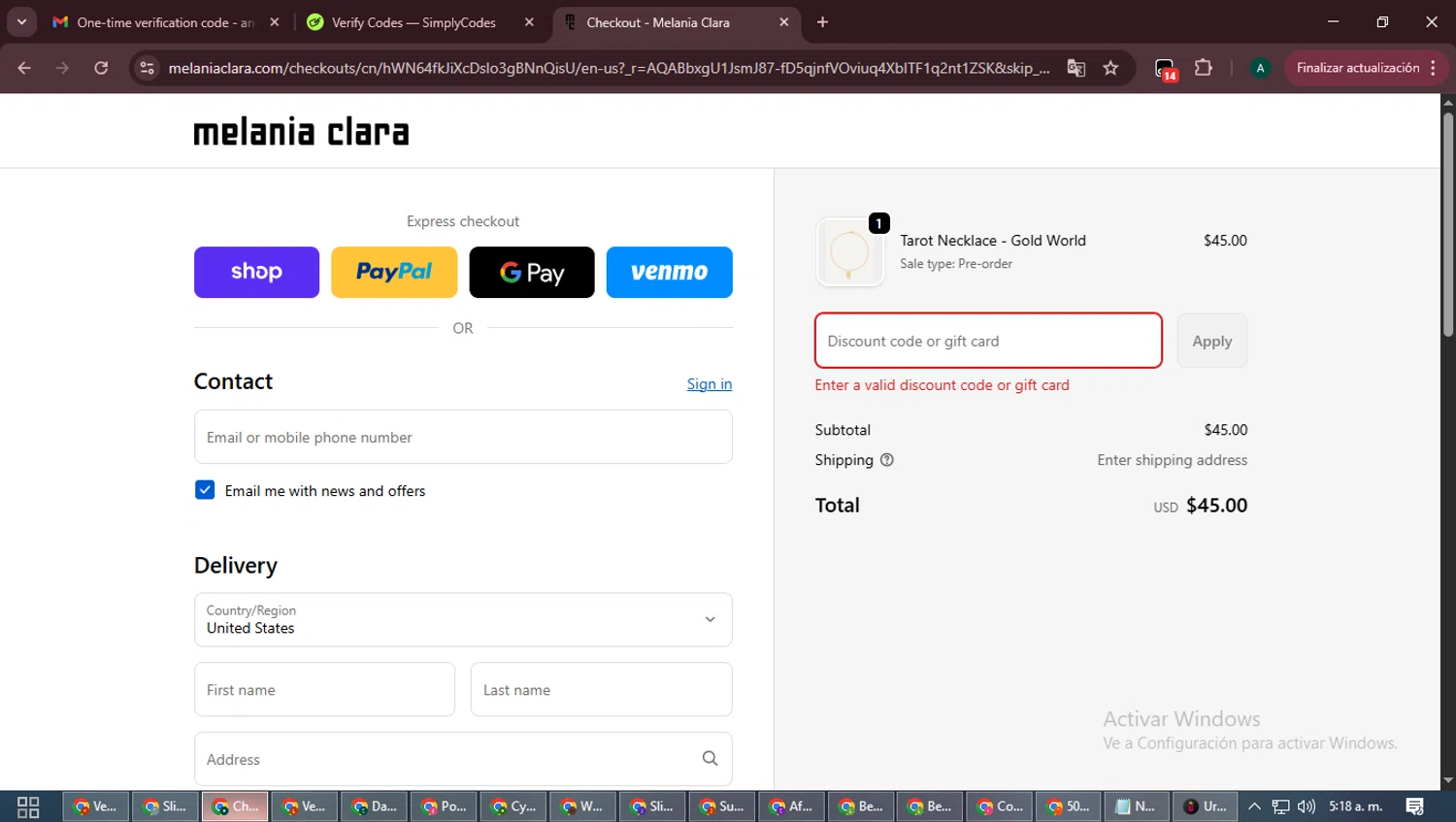 Melania Clara discount code screenshot showing code BFCM applied at Melania Clara checkout page. Uploaded by SimplyCodes community member LegendaryFalcon6699 on Dec 5, 2025