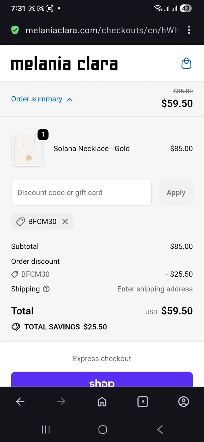 Melania Clara discount code screenshot showing code Bfcm30 applied at Melania Clara checkout page. Uploaded by SimplyCodes community member vida5254427716958 on Nov 26, 2025