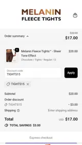 TIGHTS15 coupon verification screenshot