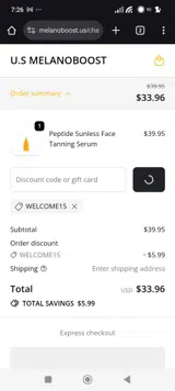 WELCOME15 coupon verification screenshot