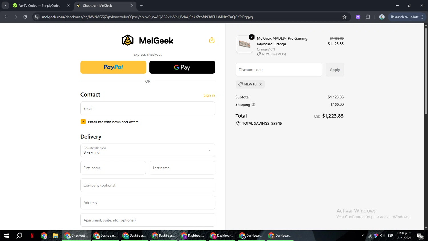 MelGeek promo code screenshot showing code NEW10 applied at MelGeek checkout page. Uploaded by SimplyCodes community member ShrewdSeeker6165 on Feb 1, 2026
