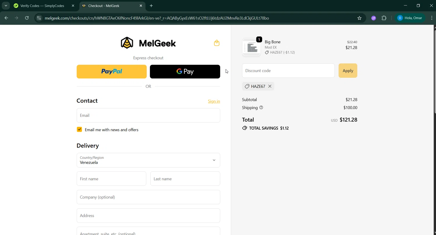 MelGeek promo code screenshot showing code Haze67 applied at MelGeek checkout page. Uploaded by SimplyCodes community member RoyalSage9159 on Feb 1, 2026