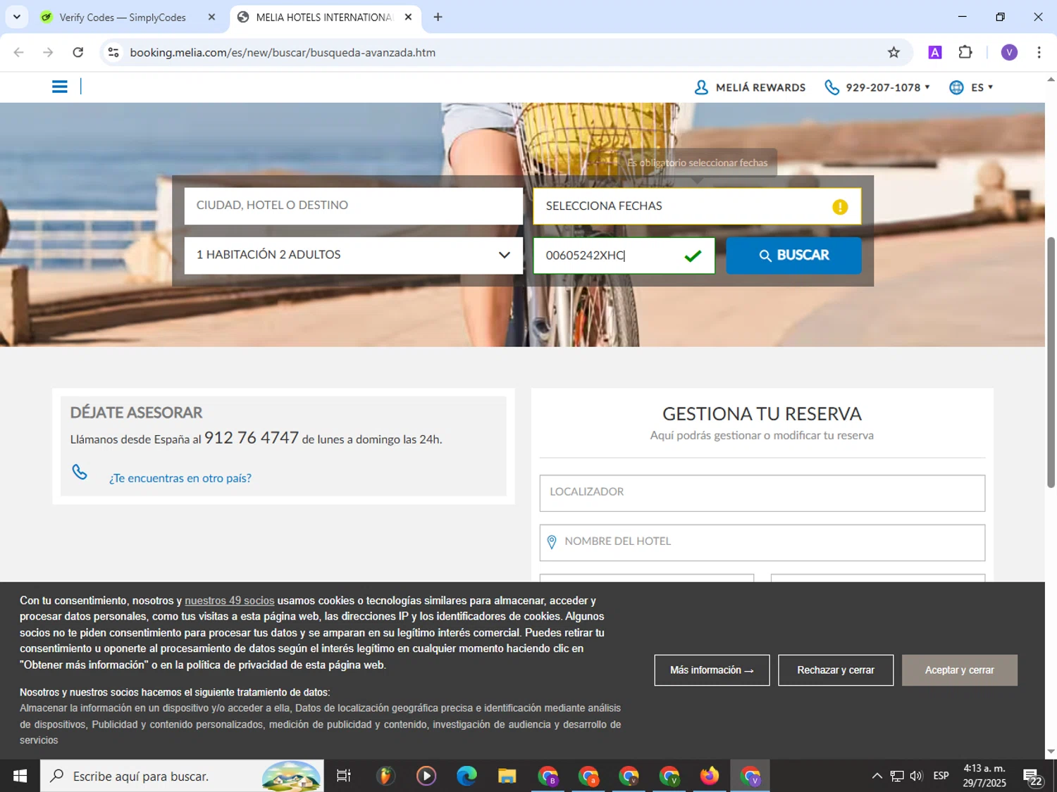 Melia Hotels discount code screenshot showing code 00605242XHC applied at Melia Hotels checkout page. Uploaded by SimplyCodes community member Satoru_gojo on Jul 29, 2025