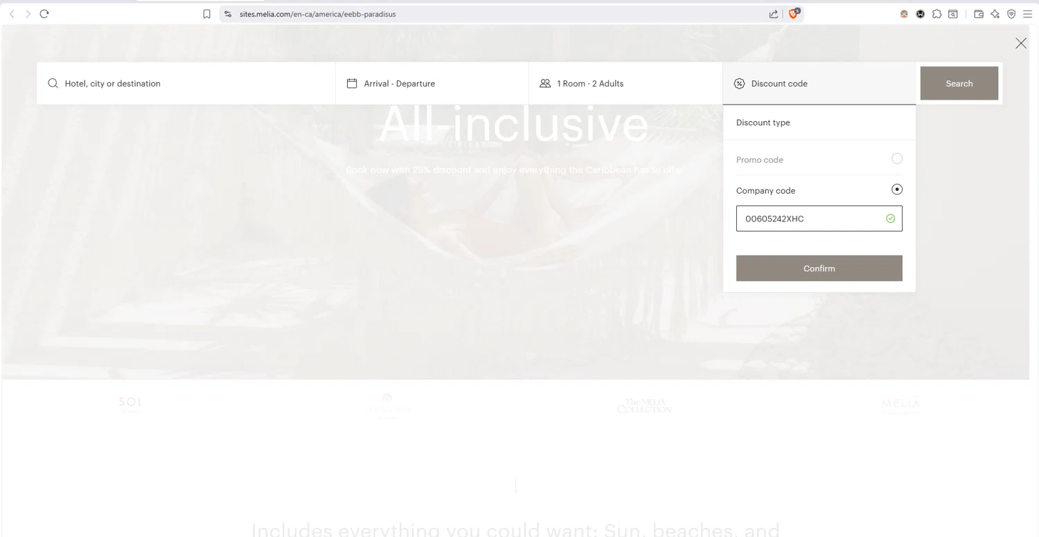 Melia Hotels checkout page showing Melia Hotels discount code box | Screenshot taken by SimplyCodes community member on Jan 11, 2026