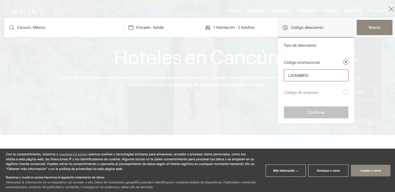 Melia Hotels discount code screenshot showing code LATAMBR10 applied at Melia Hotels checkout page. Uploaded by SimplyCodes community member Alydrop on Jan 12, 2026