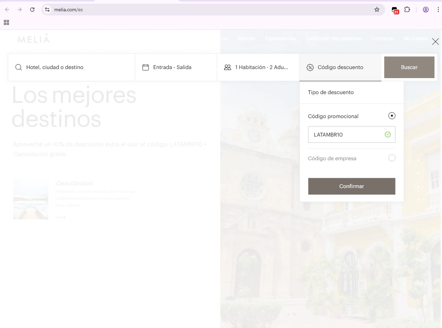 Melia Hotels discount code screenshot showing code LATAMBR10 applied at Melia Hotels checkout page. Uploaded by SimplyCodes community member SmartPilot7926 on Nov 4, 2025