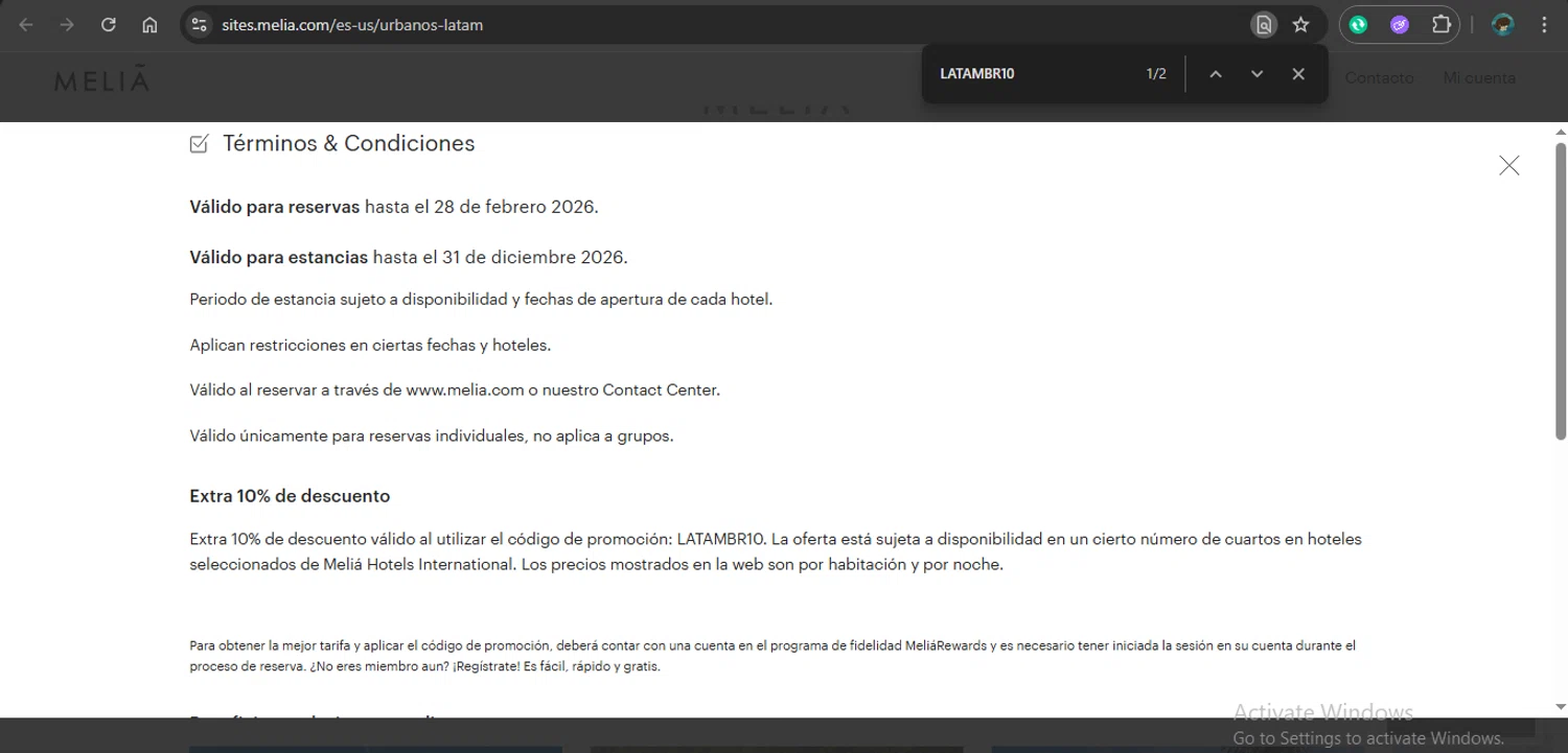 Melia Hotels checkout page showing Melia Hotels discount code box | Screenshot taken by SimplyCodes community member on Jan 26, 2026