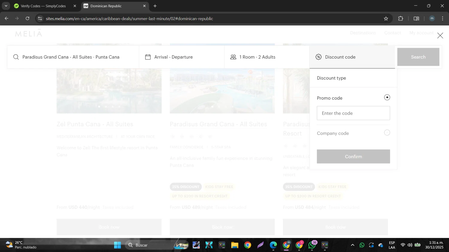 Melia Hotels discount code screenshot showing code EBBMELIA26 applied at Melia Hotels checkout page. Uploaded by SimplyCodes community member DTBERA2024 on Dec 30, 2025