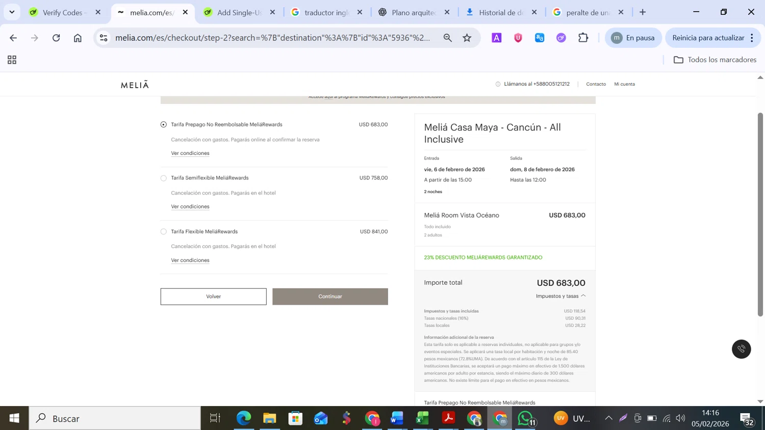 Melia Hotels discount code screenshot showing code EBBMELIA26 applied at Melia Hotels checkout page. Uploaded by SimplyCodes community member MANUELURBINA on Feb 5, 2026