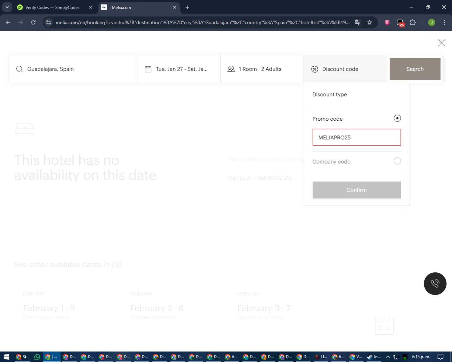 Melia Hotels discount code screenshot showing code MELIAPRO25 applied at Melia Hotels checkout page. Uploaded by SimplyCodes community member LilBaby on Jan 26, 2026