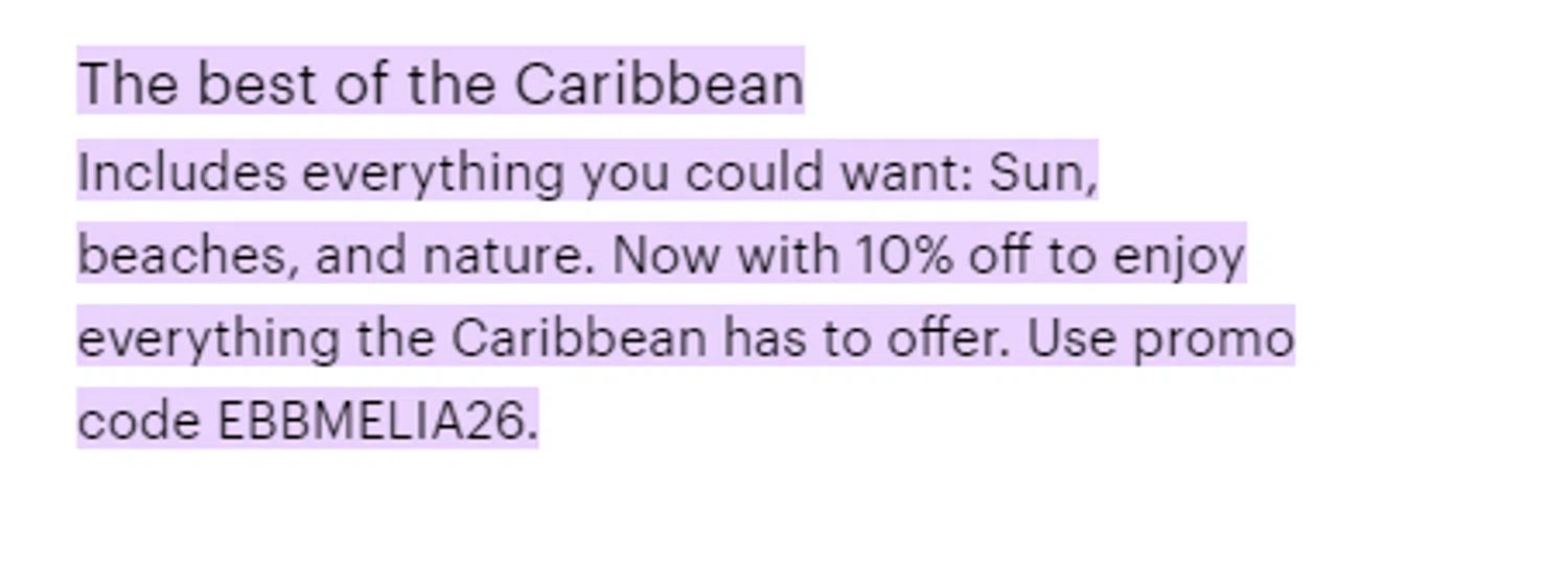 Melia Hotels discount code screenshot showing code EBBMELIA26 applied at Melia Hotels checkout page. Uploaded by SimplyCodes community member RonaldAcunaJr on Jan 12, 2026
