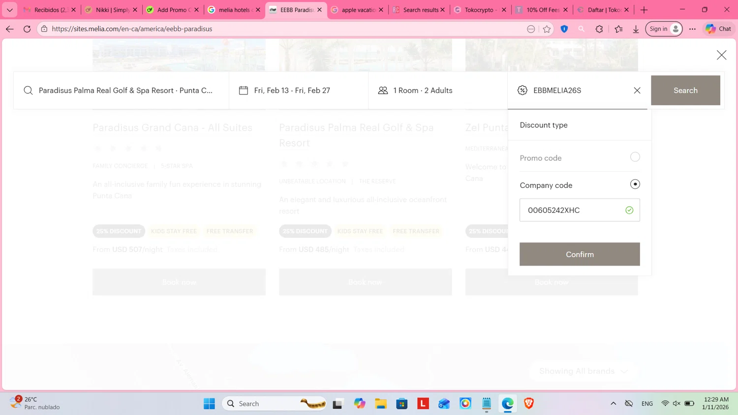 Melia Hotels discount code screenshot showing code 00605242XHC applied at Melia Hotels checkout page. Uploaded by SimplyCodes community member cosita on Jan 11, 2026