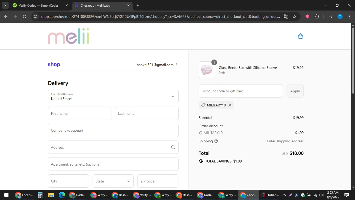 Melii promo code screenshot showing code MILITARY10 applied at Melii checkout page. Uploaded by SimplyCodes community member hankt1521 on Sep 6, 2025