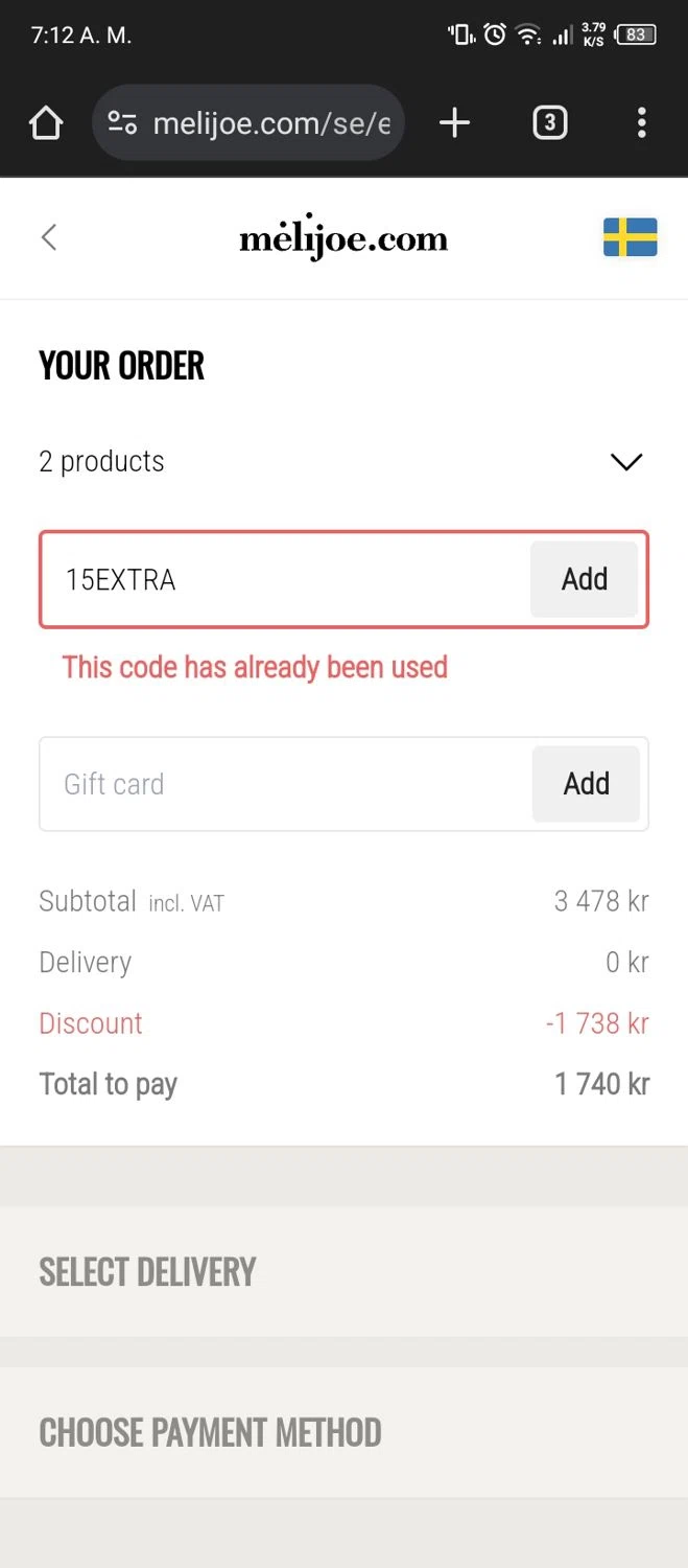 Melijoe checkout page showing Melijoe promo code box | Screenshot taken by SimplyCodes community member on Mar 12, 2024