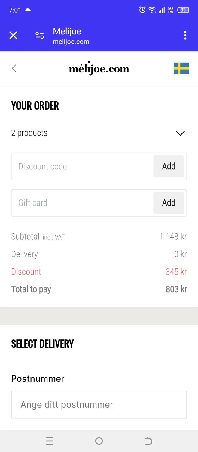 Melijoe checkout page showing Melijoe promo code box | Screenshot taken by SimplyCodes community member on May 2, 2024
