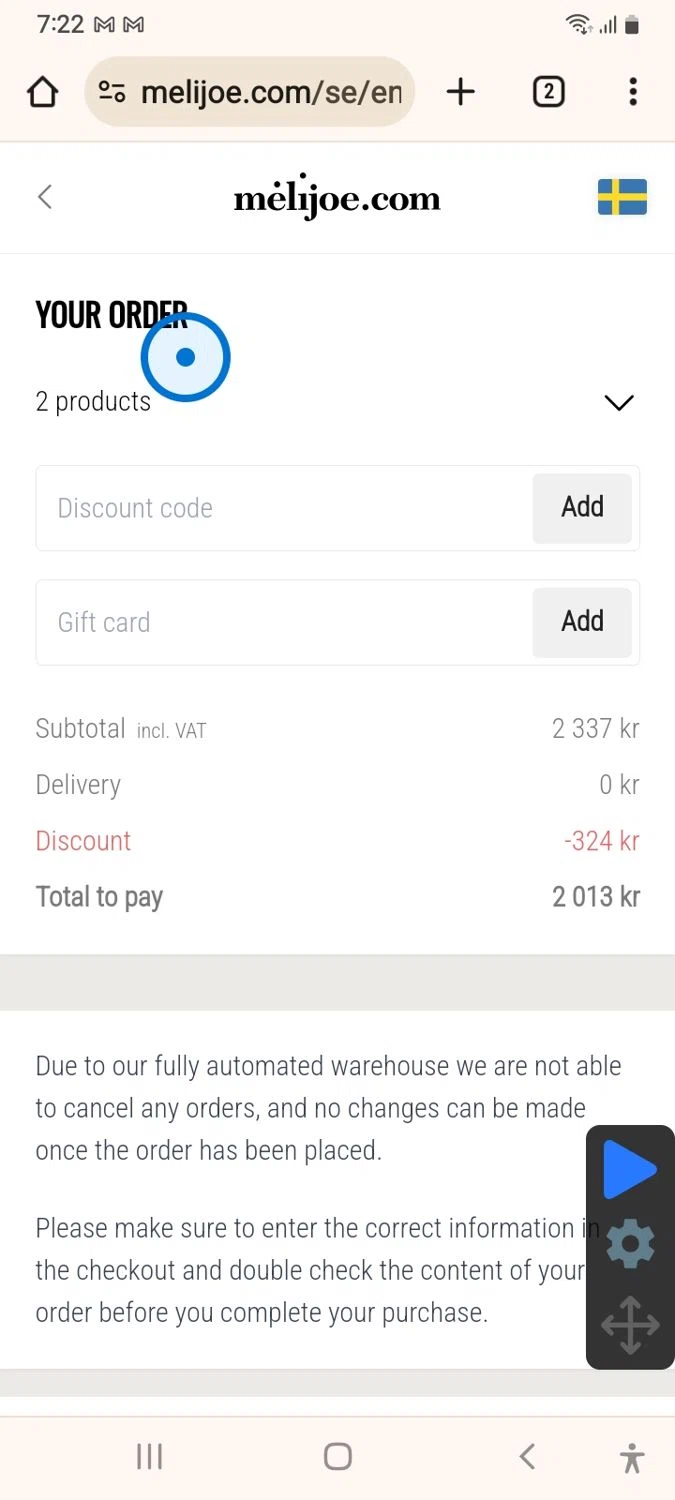 Melijoe checkout page showing Melijoe promo code box | Screenshot taken by SimplyCodes community member on May 13, 2024